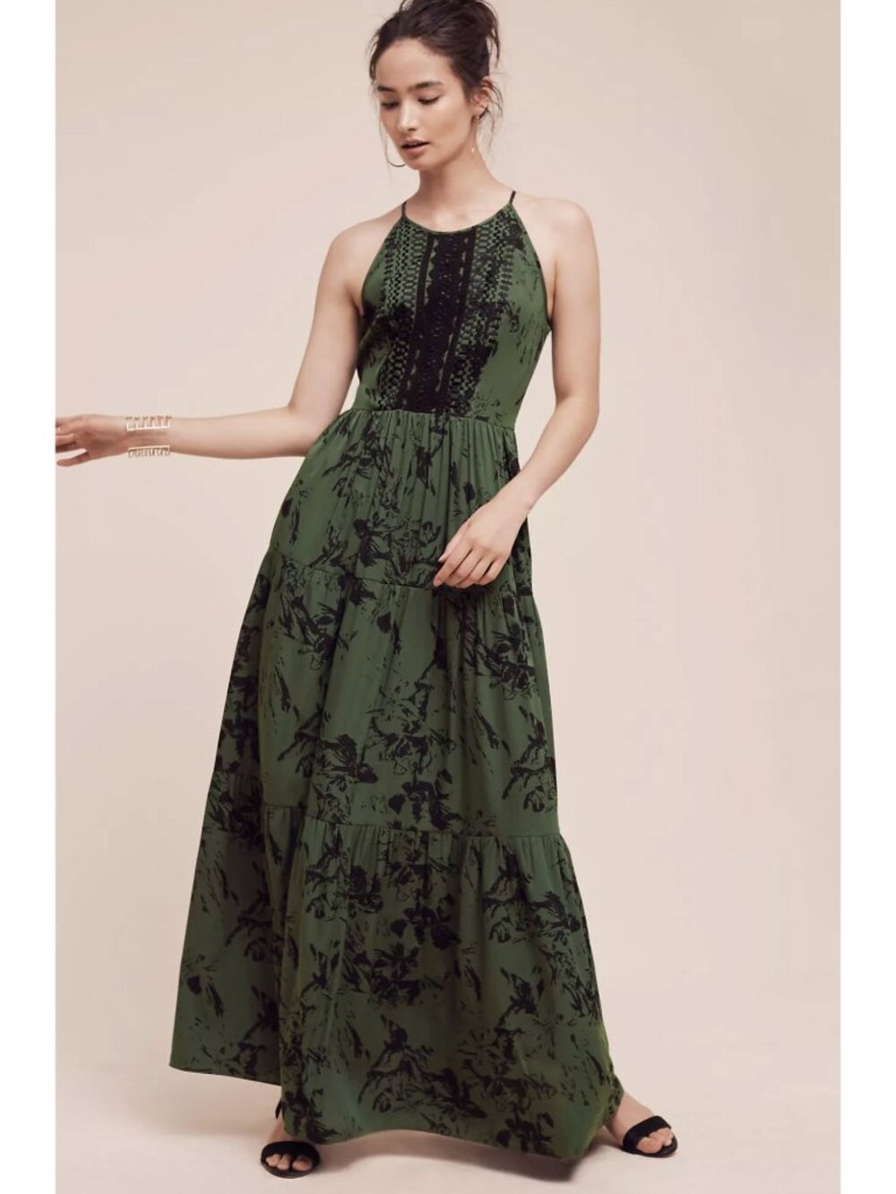Ranna Gill Anthropologie Herbaliste Maxi Dress Tiered Embroidered Floral Green 2